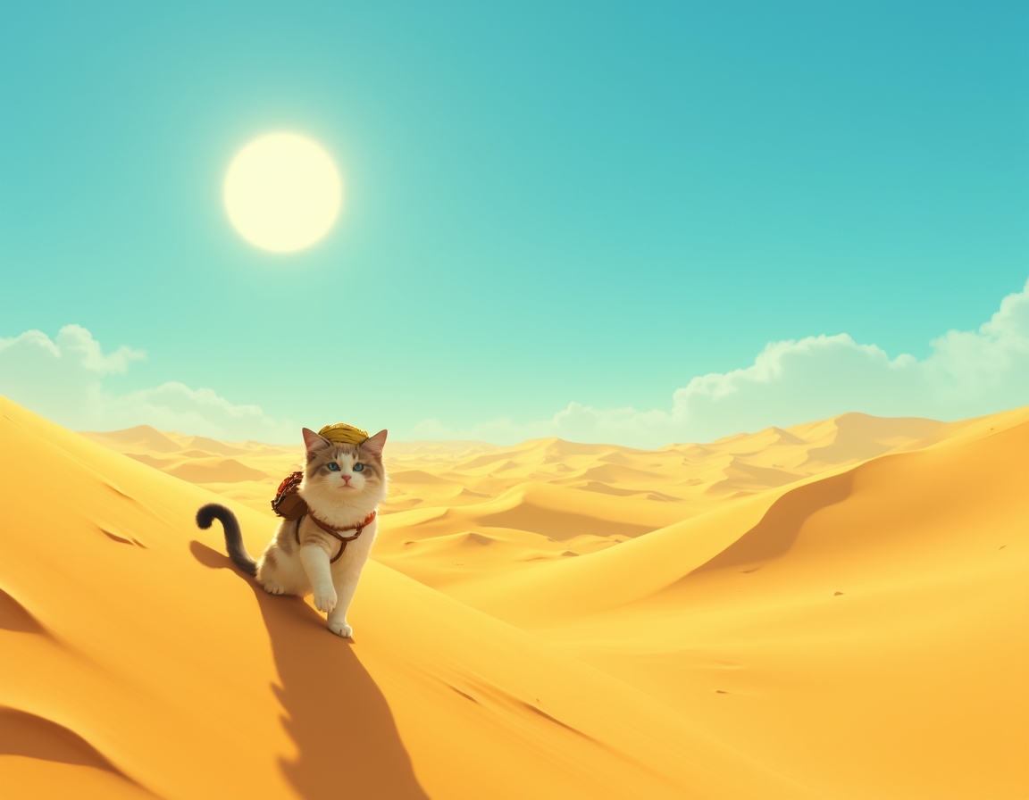 Cat crosses vast desert dunes, guided by the sun’s relentless heat and the promise of hidden oases. The scene is filled with swirling sand, vibrant skies, and an air of adventurous determination.
